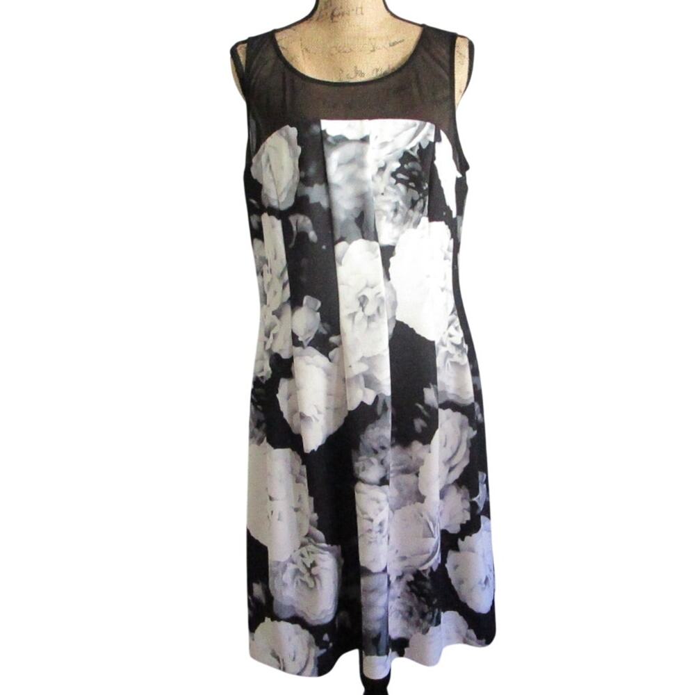Floral A-Line Dress Sheer Mesh Bodice Black White Size 16 Calvin Klein